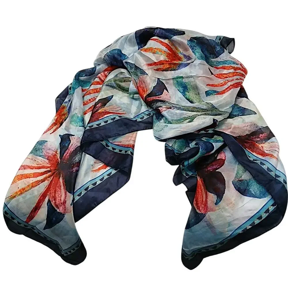 100% SILK‎ Scarf Vietri Milano Long Wrap 41x69 Blue Colorful Modern Art Tropical